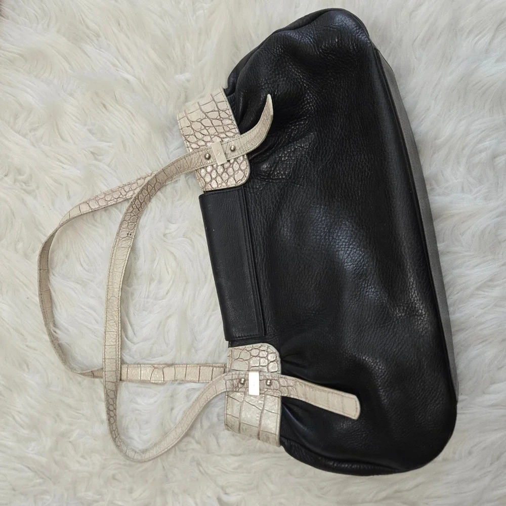 Petusco Spain Black Pebbled Leather Shoulder Bag Cream Croc Trim Made in Spain